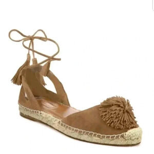 NIB Aquazzura Sunshine Pom-Pom Latte Suede Espadri